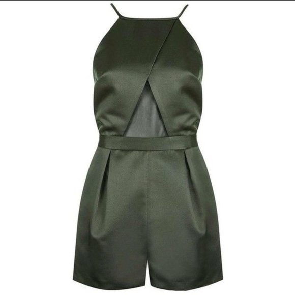 Topshop Pants - Topshop Olive Green Satin and Mesh Jumpsuit/Romper